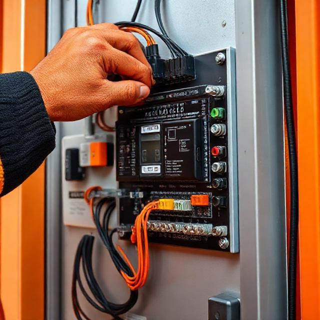 Professional electrician working inside an industrial electrical cabinet, tidy wiring, measuring instruments, PPE, orange and black brand accents, realistic photo